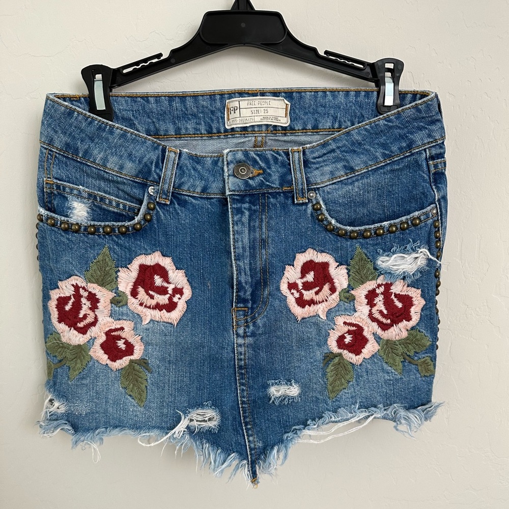 Free People Embroidered Denim Skirt